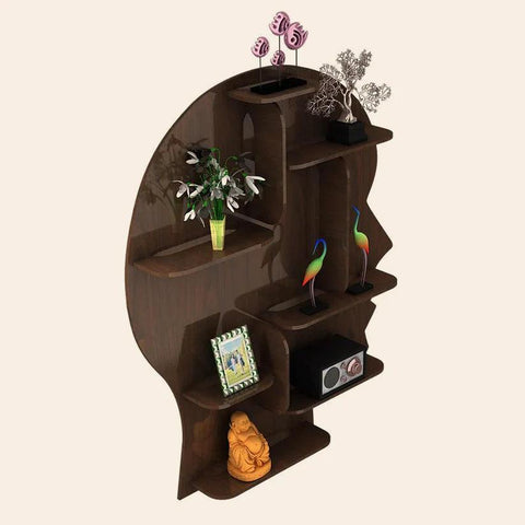 Man Backlit Designer Wooden Wall Shelf / Book Shelf, Walnut Finish - Decor Mantra 