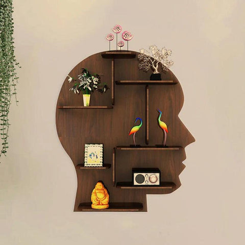 Man Backlit Designer Wooden Wall Shelf / Book Shelf, Walnut Finish - Decor Mantra 