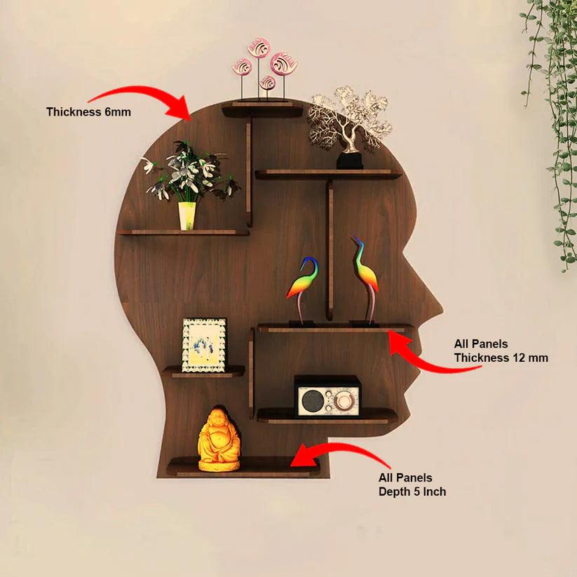 Man Backlit Designer Wooden Wall Shelf / Book Shelf, Walnut Finish - Decor Mantra 