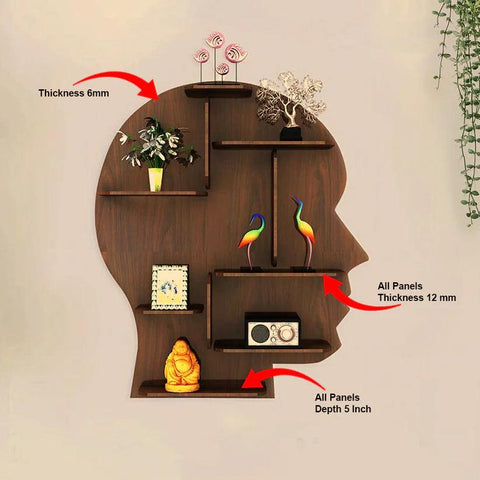 Man Backlit Designer Wooden Wall Shelf / Book Shelf, Walnut Finish - Decor Mantra 