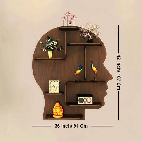 Man Backlit Designer Wooden Wall Shelf / Book Shelf, Walnut Finish - Decor Mantra 