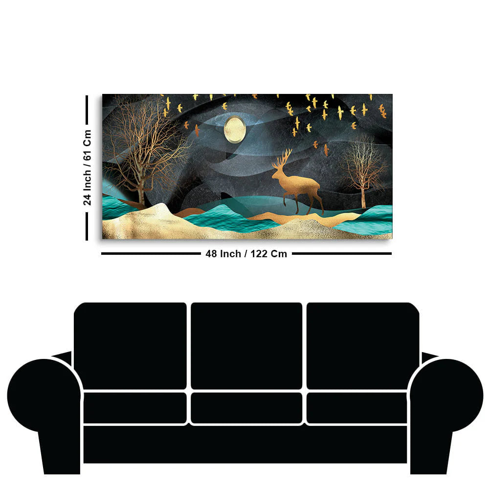 Midnight Golden Deer Scenery Premium Canvas Wall Painting DECORMANTRA