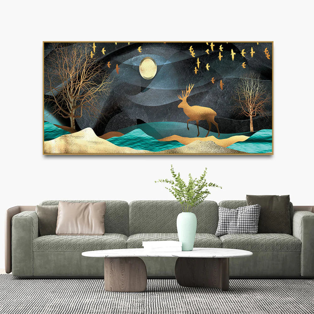 Midnight Golden Deer Scenery Premium Canvas Wall Painting DECORMANTRA
