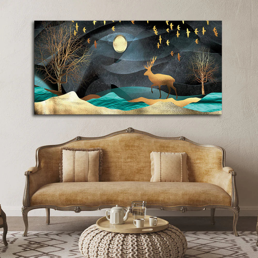 Midnight Golden Deer Scenery Premium Canvas Wall Painting DECORMANTRA