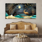Midnight Golden Deer Scenery Premium Canvas Wall Painting DECORMANTRA