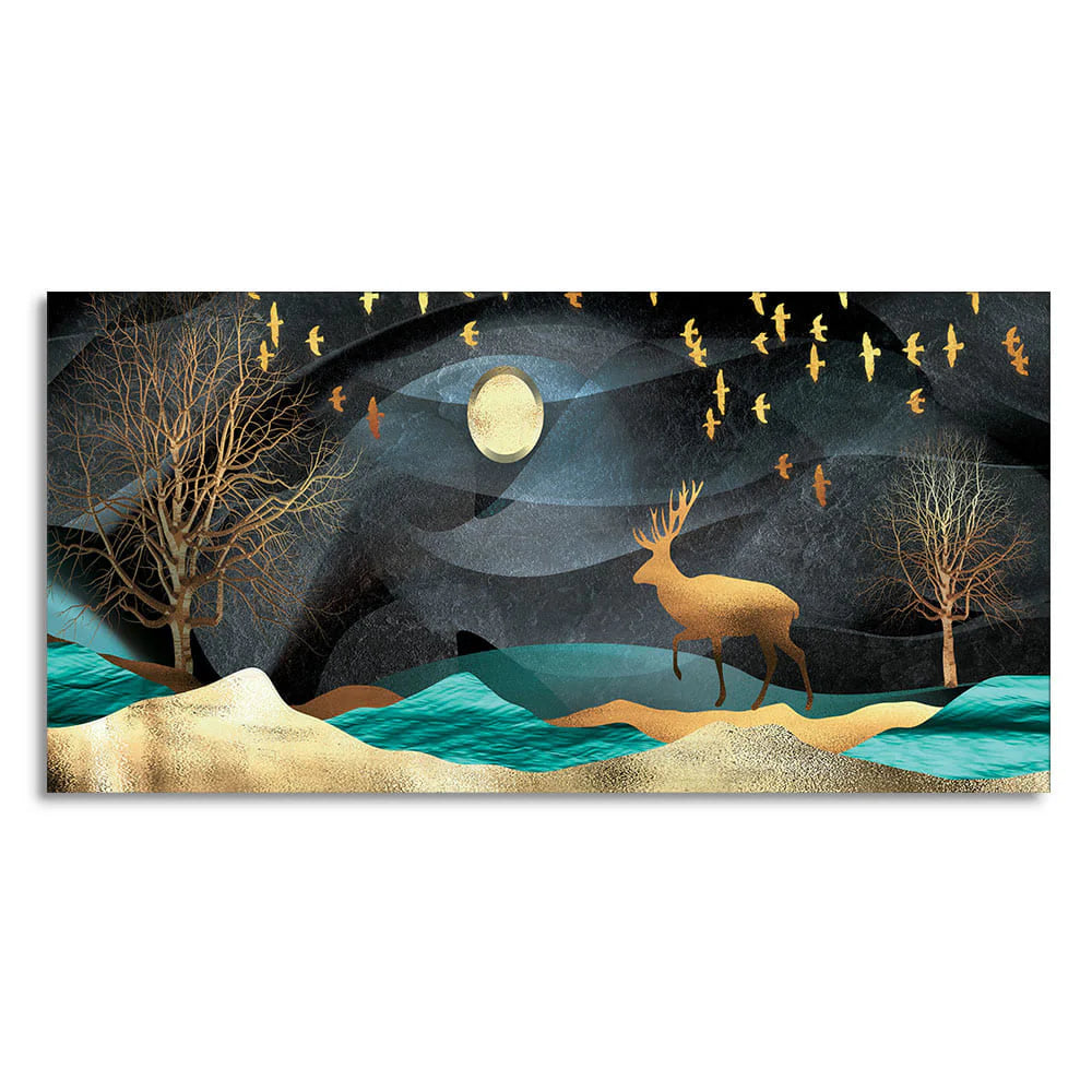 Midnight Golden Deer Scenery Premium Canvas Wall Painting DECORMANTRA