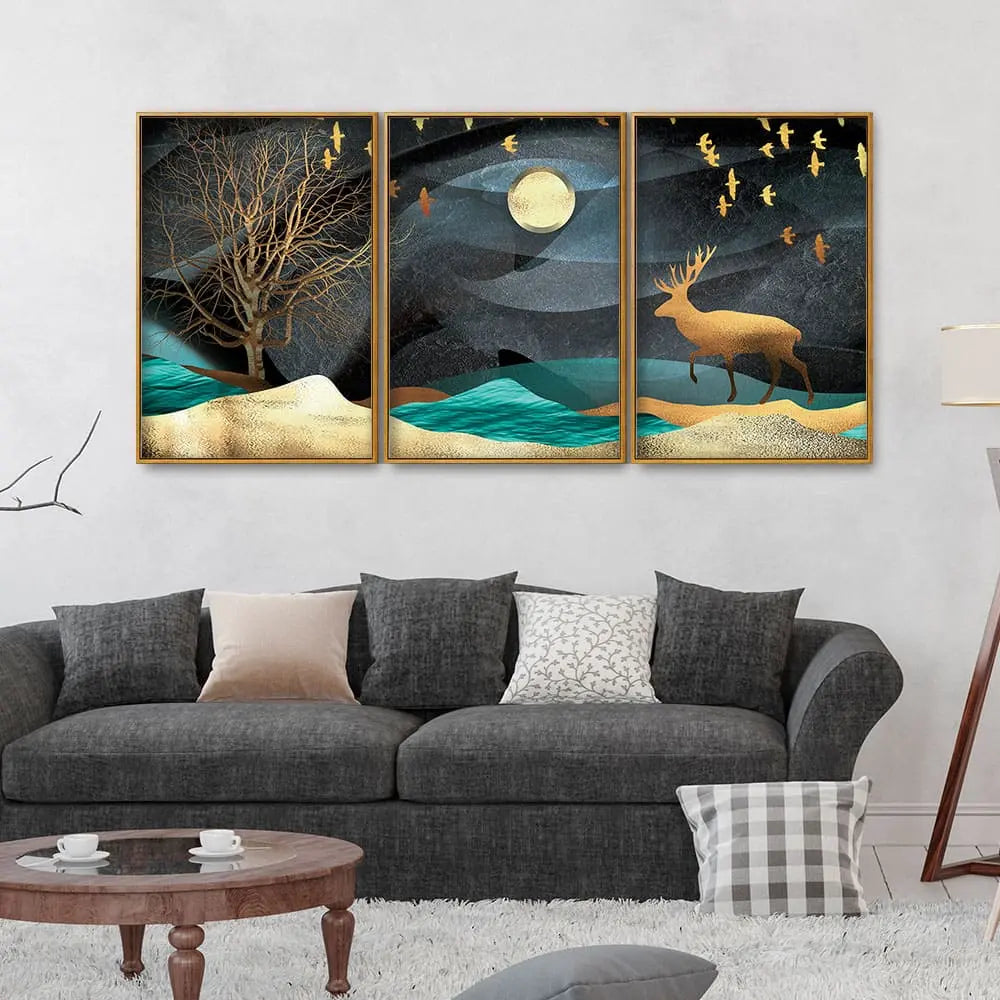 Midnight Golden Deer Scenery Premium Floating Canvas Wall Painting Set of Three Decor Mantra