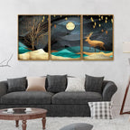 Midnight Golden Deer Scenery Premium Floating Canvas Wall Painting Set of Three Decor Mantra