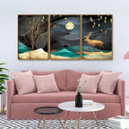 Midnight Golden Deer Scenery Premium Floating Canvas Wall Painting Set of Three Decor Mantra