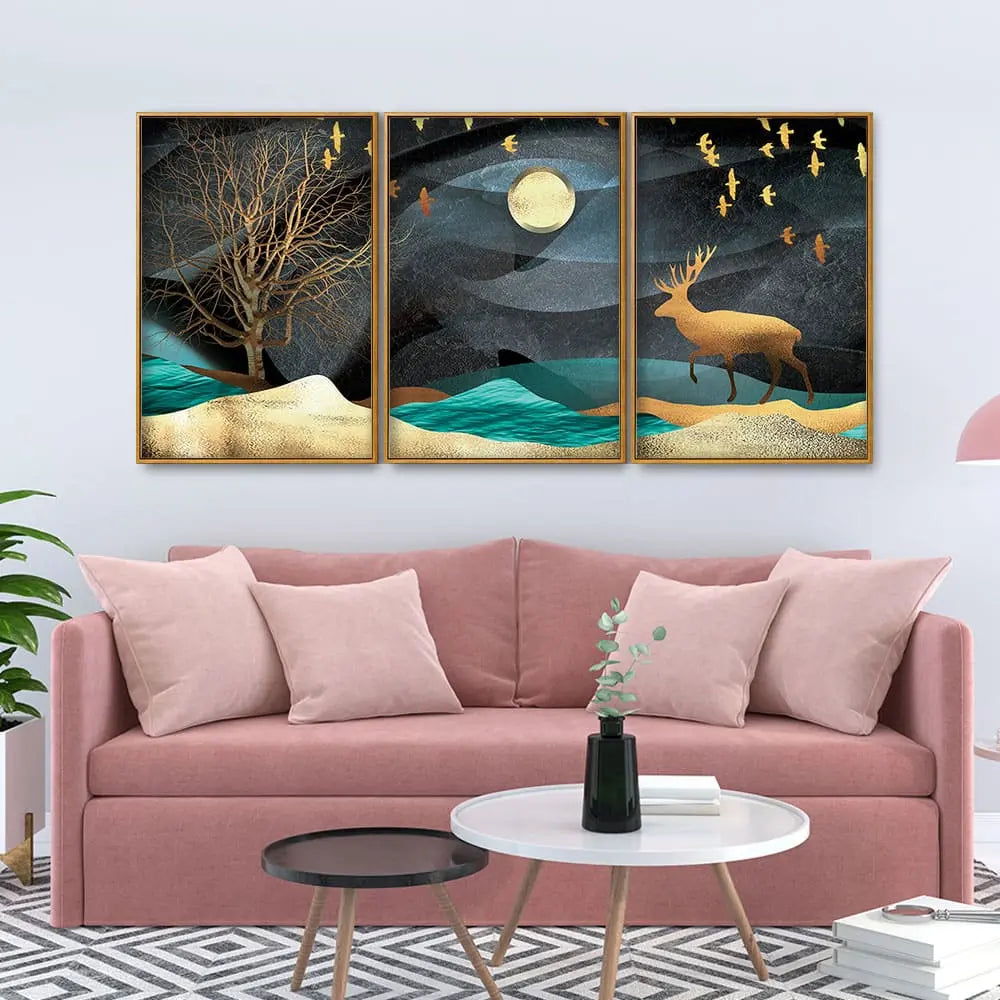 Midnight Golden Deer Scenery Premium Floating Canvas Wall Painting Set of Three DECORMANTRA