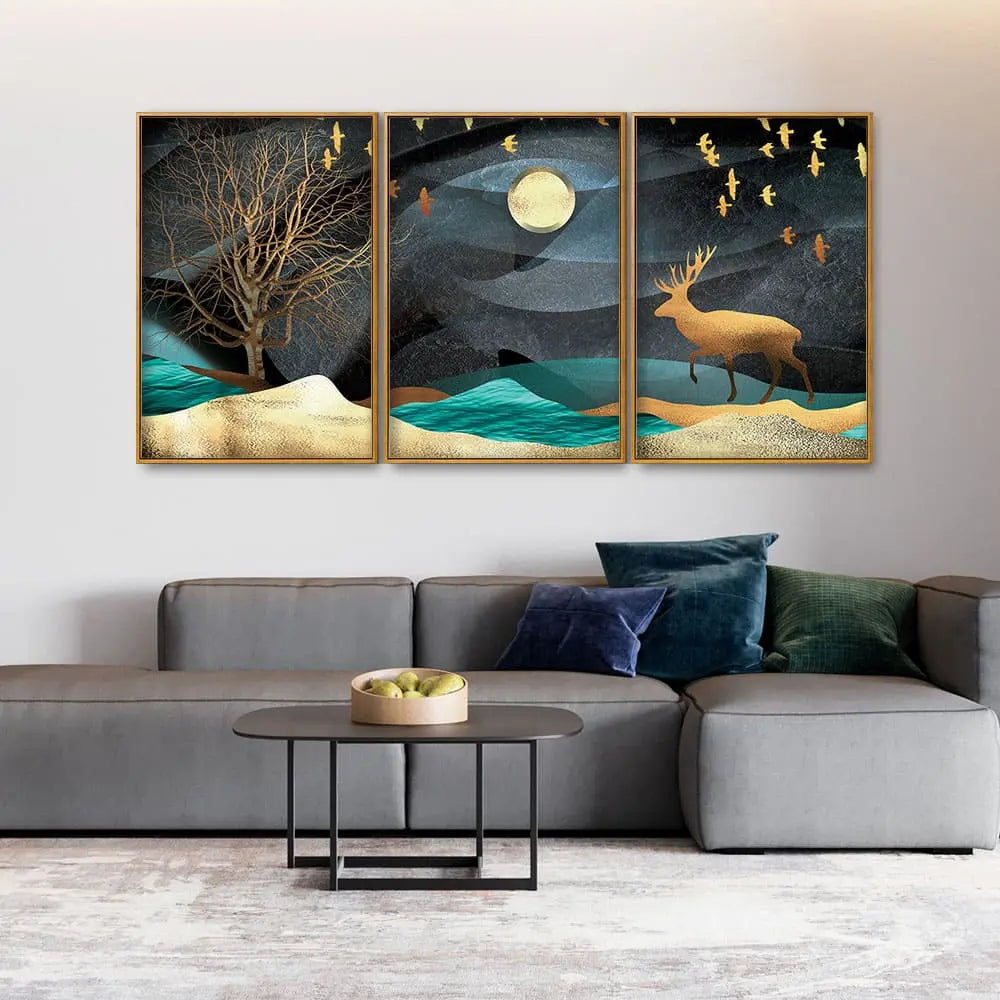Midnight Golden Deer Scenery Premium Floating Canvas Wall Painting Set of Three DECORMANTRA