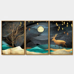 Midnight Golden Deer Scenery Premium Floating Canvas Wall Painting Set of Three DECORMANTRA