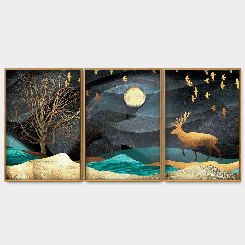 Midnight Golden Deer Scenery Premium Floating Canvas Wall Painting Set of Three DECORMANTRA