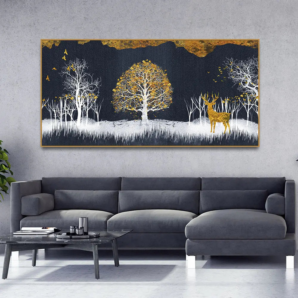 Midnight Golden Deer With Birds Scenery Premium Canvas Wall Painting DECORMANTRA