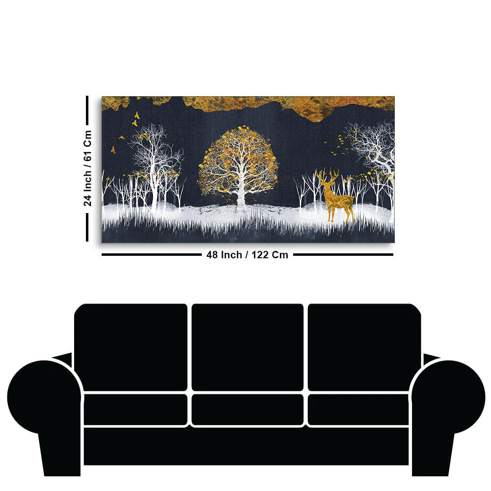 Midnight Golden Deer With Birds Scenery Premium Canvas Wall Painting DECORMANTRA