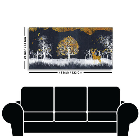 Midnight Golden Deer With Birds Scenery Premium Canvas Wall Painting