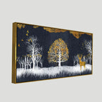 Midnight Golden Deer With Birds Scenery Premium Canvas Wall Painting DECORMANTRA