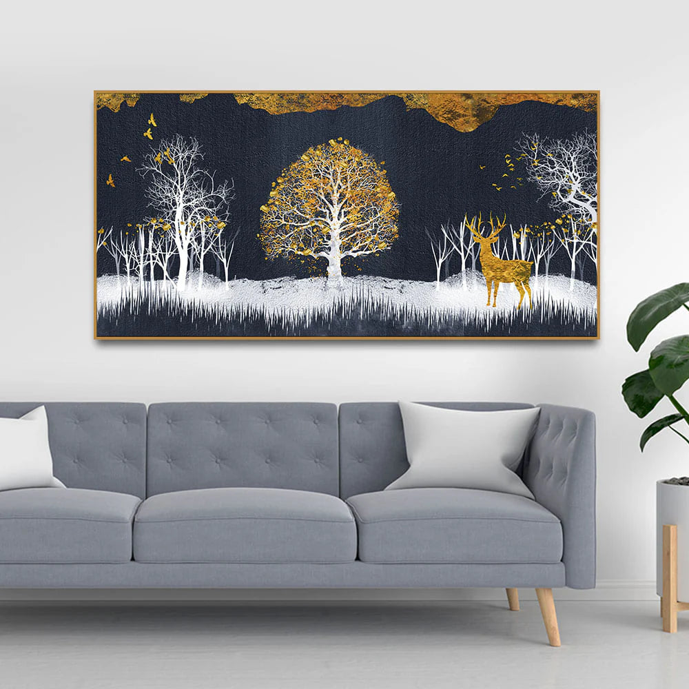 Midnight Golden Deer With Birds Scenery Premium Canvas Wall Painting DECORMANTRA