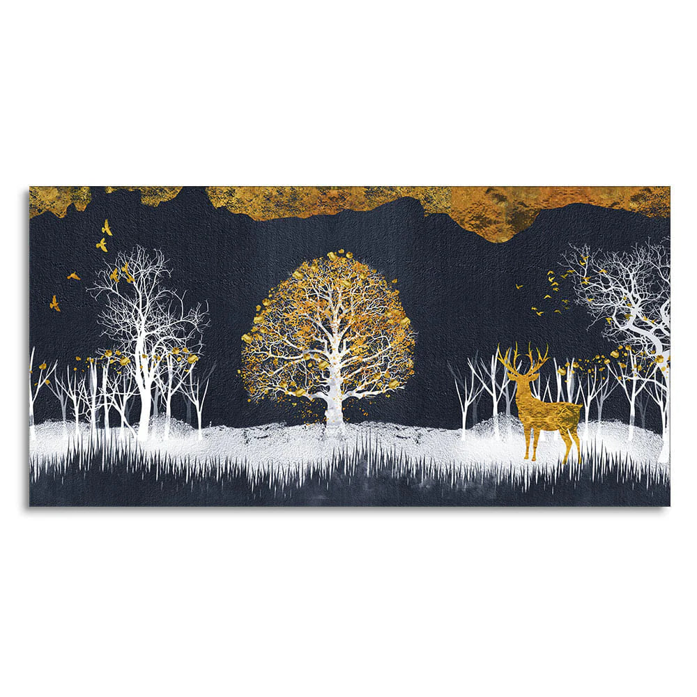 Midnight Golden Deer With Birds Scenery Premium Canvas Wall Painting DECORMANTRA
