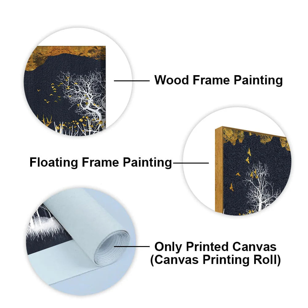 Midnight Golden Deer With Birds Scenery Premium Canvas Wall Painting DECORMANTRA
