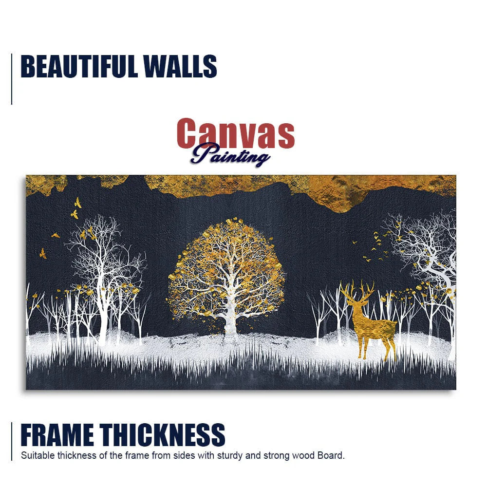 Midnight Golden Deer With Birds Scenery Premium Canvas Wall Painting DECORMANTRA