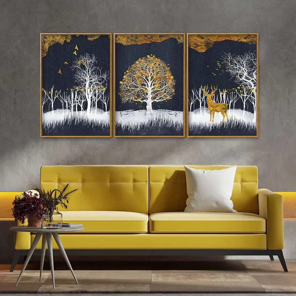 Midnight Golden Deer With Birds Scenery Premium Floating Canvas Wall Painting Set of Three DECORMANTRA