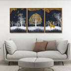 Midnight Golden Deer With Birds Scenery Premium Floating Canvas Wall Painting Set of Three DECORMANTRA