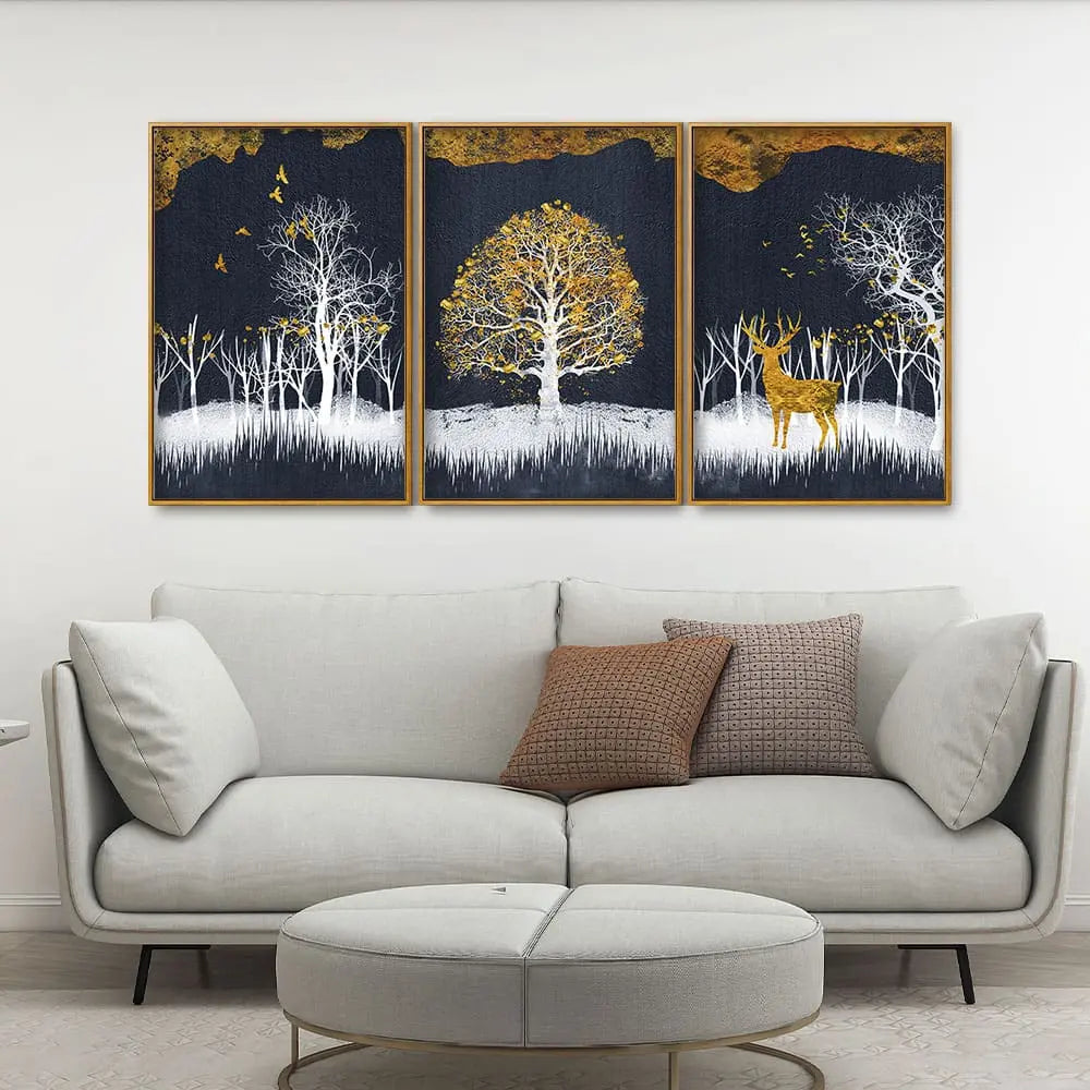 Midnight Golden Deer With Birds Scenery Premium Floating Canvas Wall Painting Set of Three DECORMANTRA