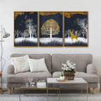 Midnight Golden Deer With Birds Scenery Premium Floating Canvas Wall Painting Set of Three DECORMANTRA