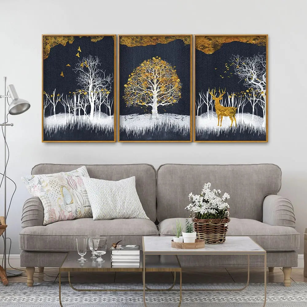 Midnight Golden Deer With Birds Scenery Premium Floating Canvas Wall Painting Set of Three DECORMANTRA