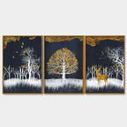 Midnight Golden Deer With Birds Scenery Premium Floating Canvas Wall Painting Set of Three DECORMANTRA