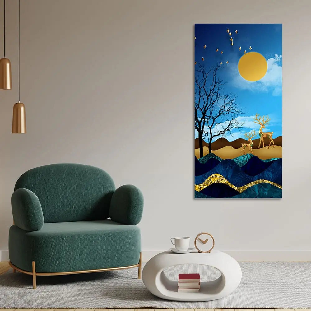 Midnight Golden Deers Scenery with Moon Premium Canvas Wall Painting DECORMANTRA