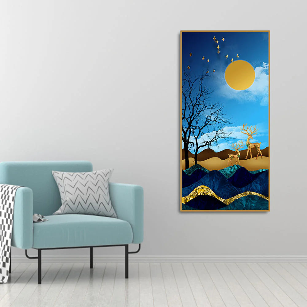 Midnight Golden Deers Scenery with Moon Premium Canvas Wall Painting DECORMANTRA