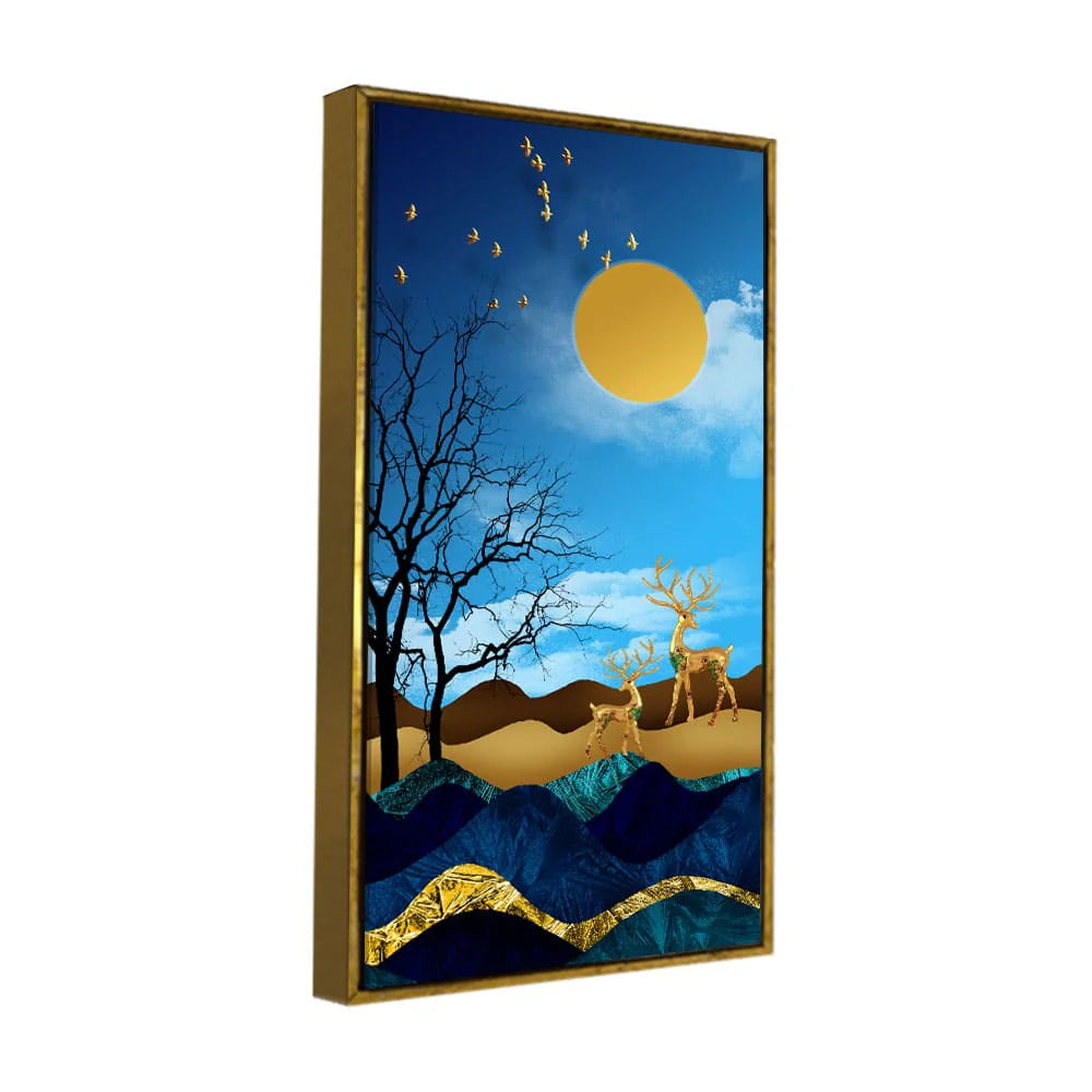 Midnight Golden Deers Scenery with Moon Premium Canvas Wall Painting DECORMANTRA