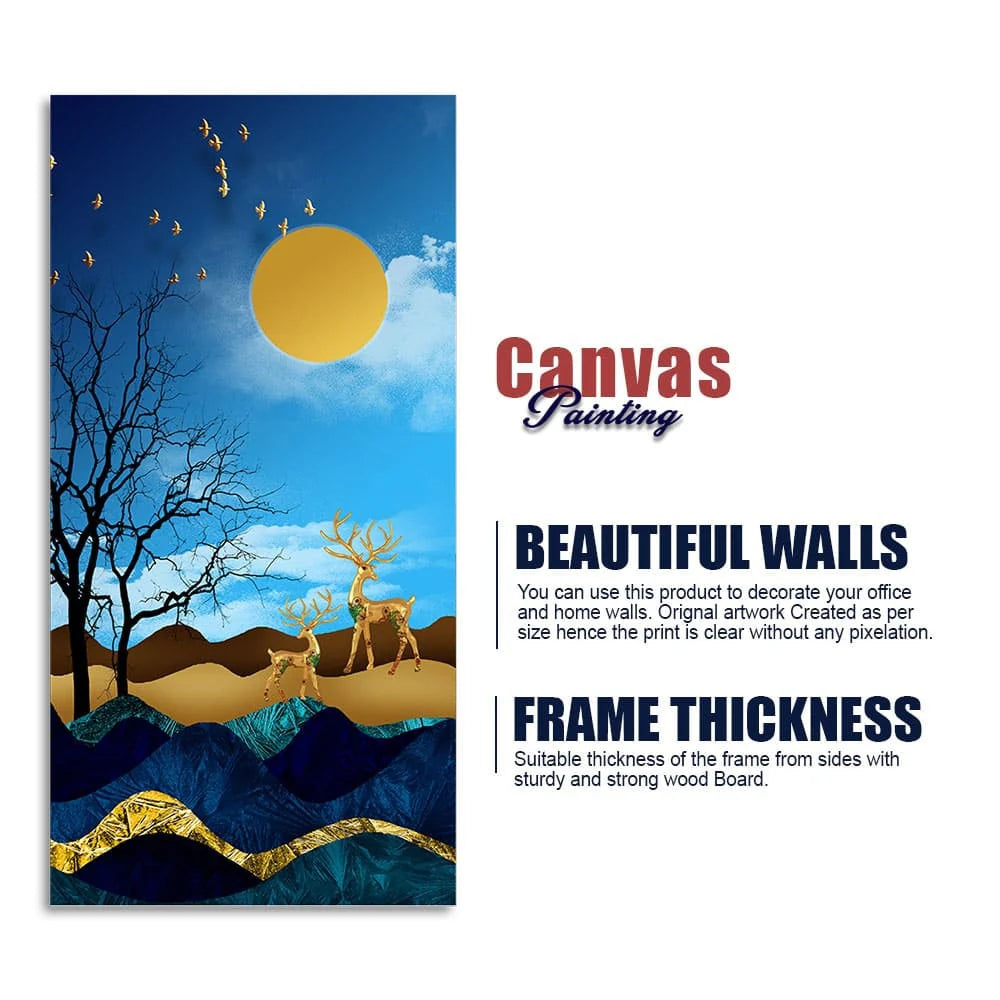 Midnight Golden Deers Scenery with Moon Premium Canvas Wall Painting DECORMANTRA