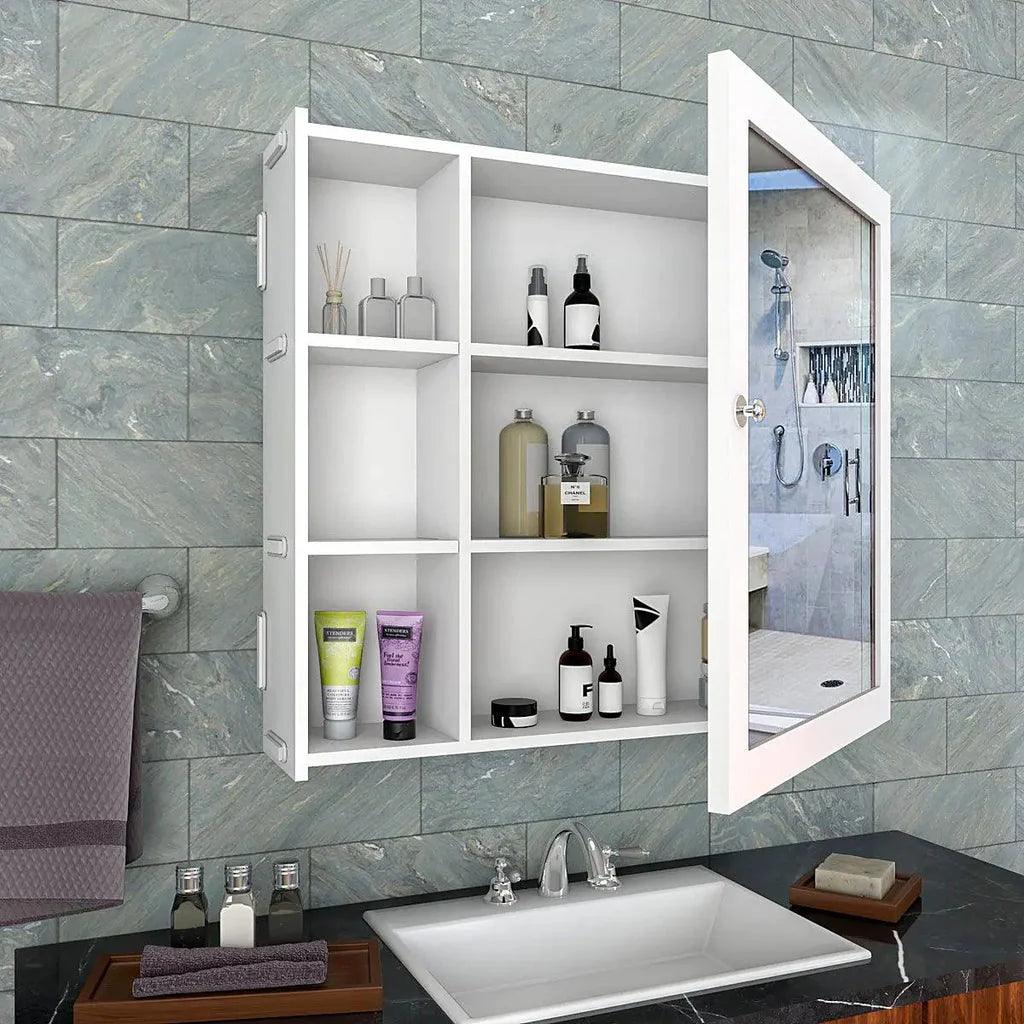 Minimal Design Wooden Bathroom Cabinet Mirror with 5 Spacious Shelves with White Finish - Decor Mantra 