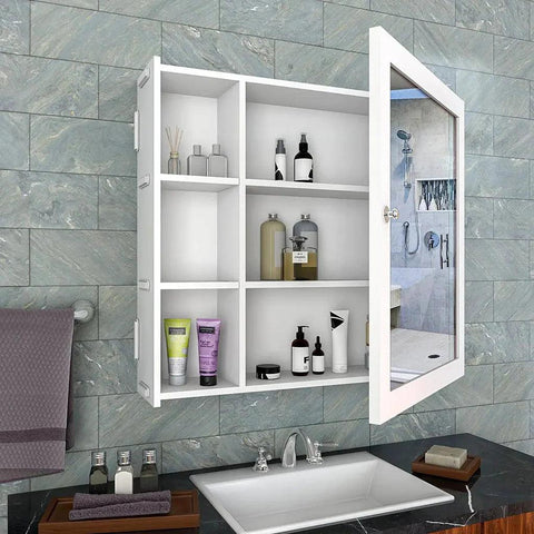 Minimal Design Wooden Bathroom Cabinet Mirror with 5 Spacious Shelves with White Finish - Decor Mantra 