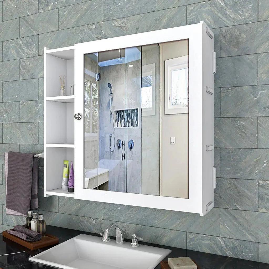 Minimal Design Wooden Bathroom Cabinet Mirror with 5 Spacious Shelves with White Finish - Decor Mantra 