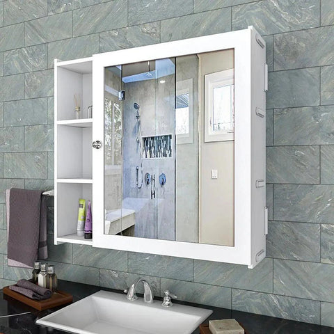 Minimal Design Wooden Bathroom Cabinet Mirror with 5 Spacious Shelves with White Finish - Decor Mantra 