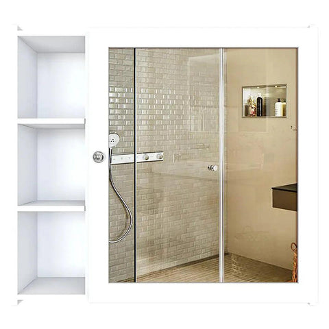 Minimal Design Wooden Bathroom Cabinet Mirror with 5 Spacious Shelves with White Finish - Decor Mantra 