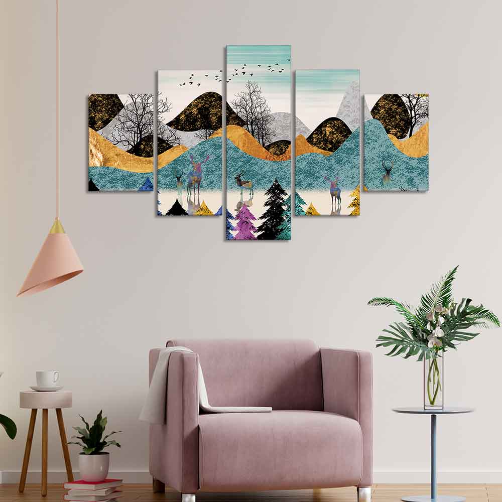Modern Art Forest Premium Wall Painting Five Pieces Set DECORMANTRA