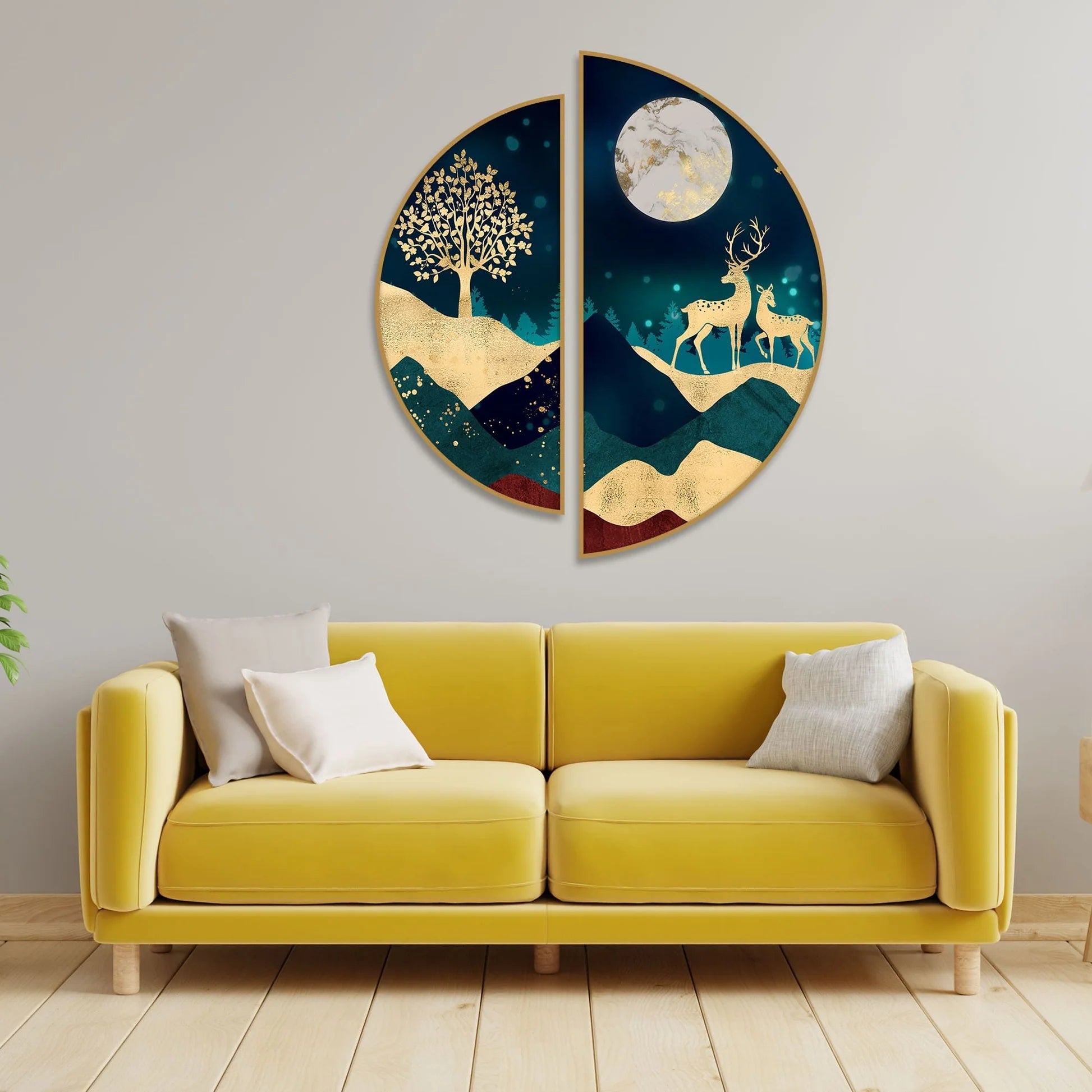 Modern Art of Mountains and Deer Semi Circle Frames Set Of 2 DECORMANTRA