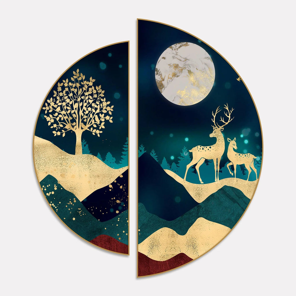 Modern Art of Mountains and Deer Semi Circle Frames Set Of 2 DECORMANTRA
