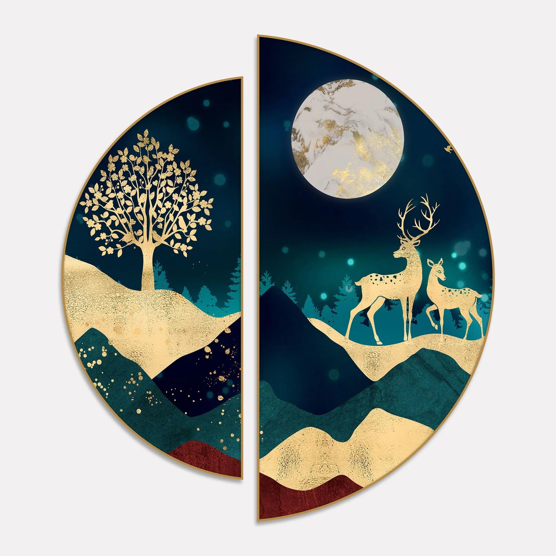 Modern Art of Mountains and Deer Semi Circle Frames Set Of 2 DECORMANTRA