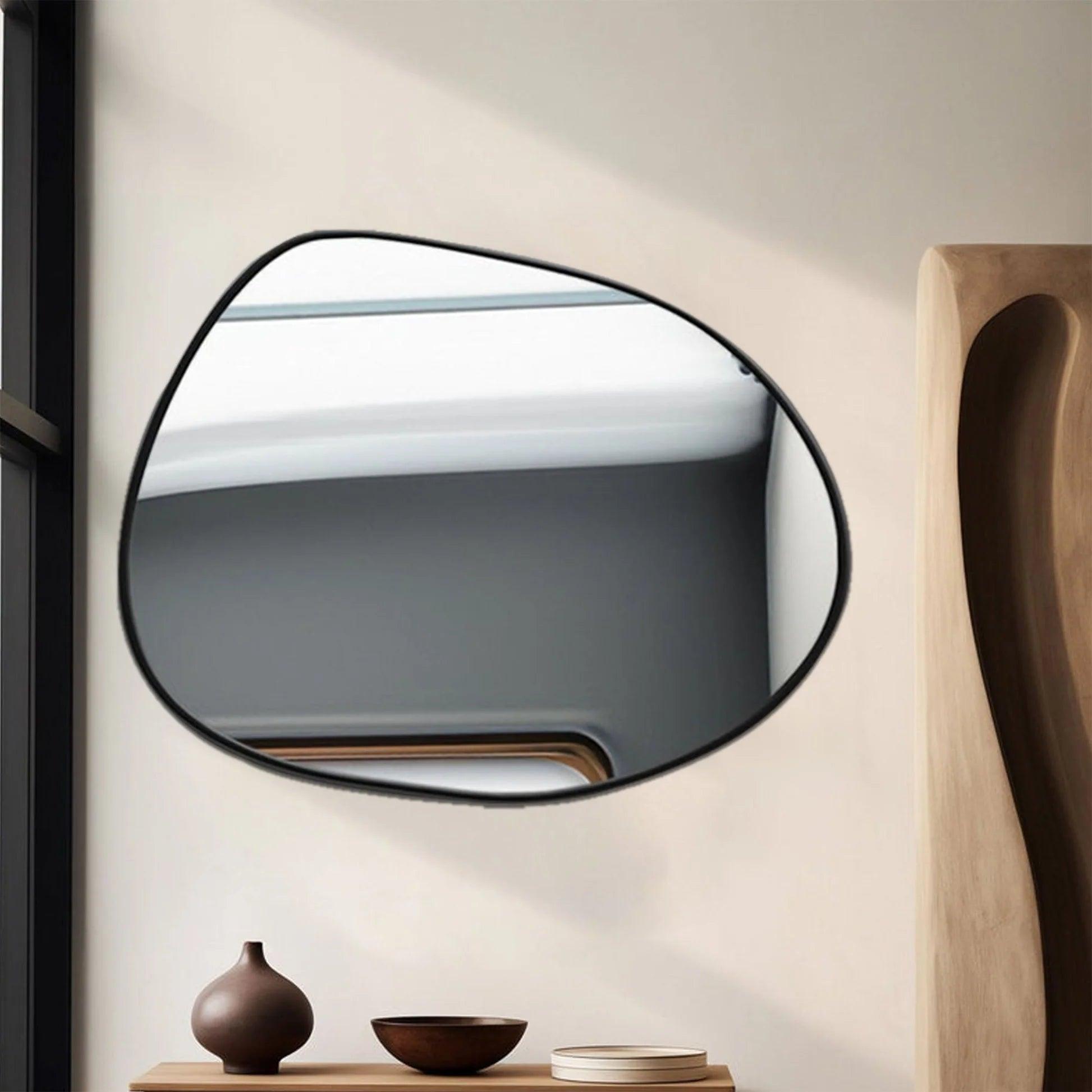 Modern Decorative Asymmetrical Bathroom Mirror with Black Wooden Finish - Decor Mantra 