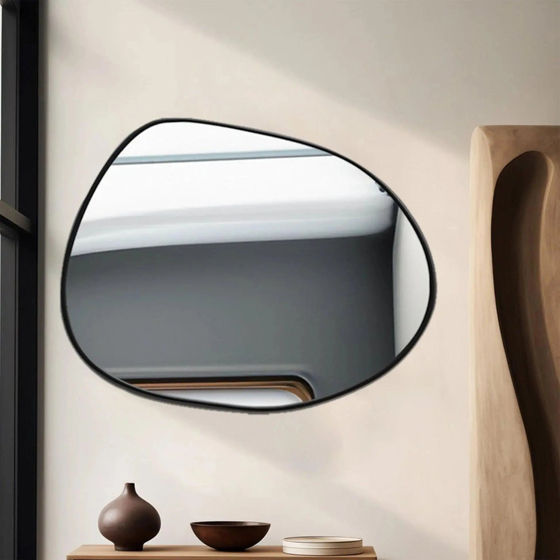 Modern Decorative Asymmetrical Bathroom Mirror with Black Wooden Finish - Decor Mantra 
