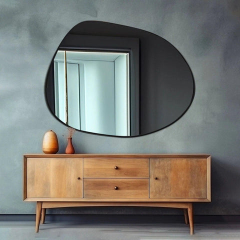 Modern Decorative Asymmetrical Bathroom Mirror with Black Wooden Finish - Decor Mantra 
