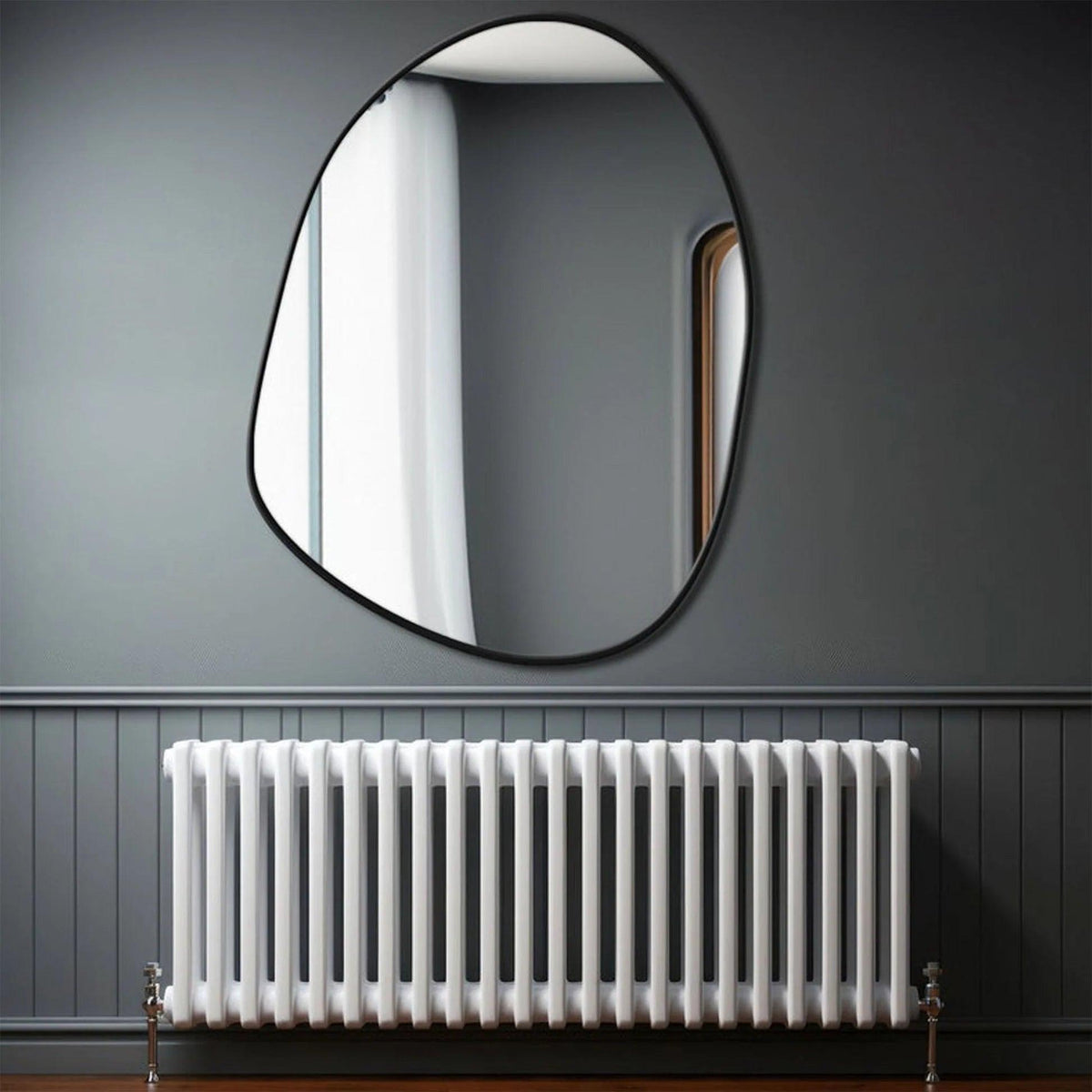 Modern Decorative Asymmetrical Bathroom Mirror with Black Wooden Finish - Decor Mantra 
