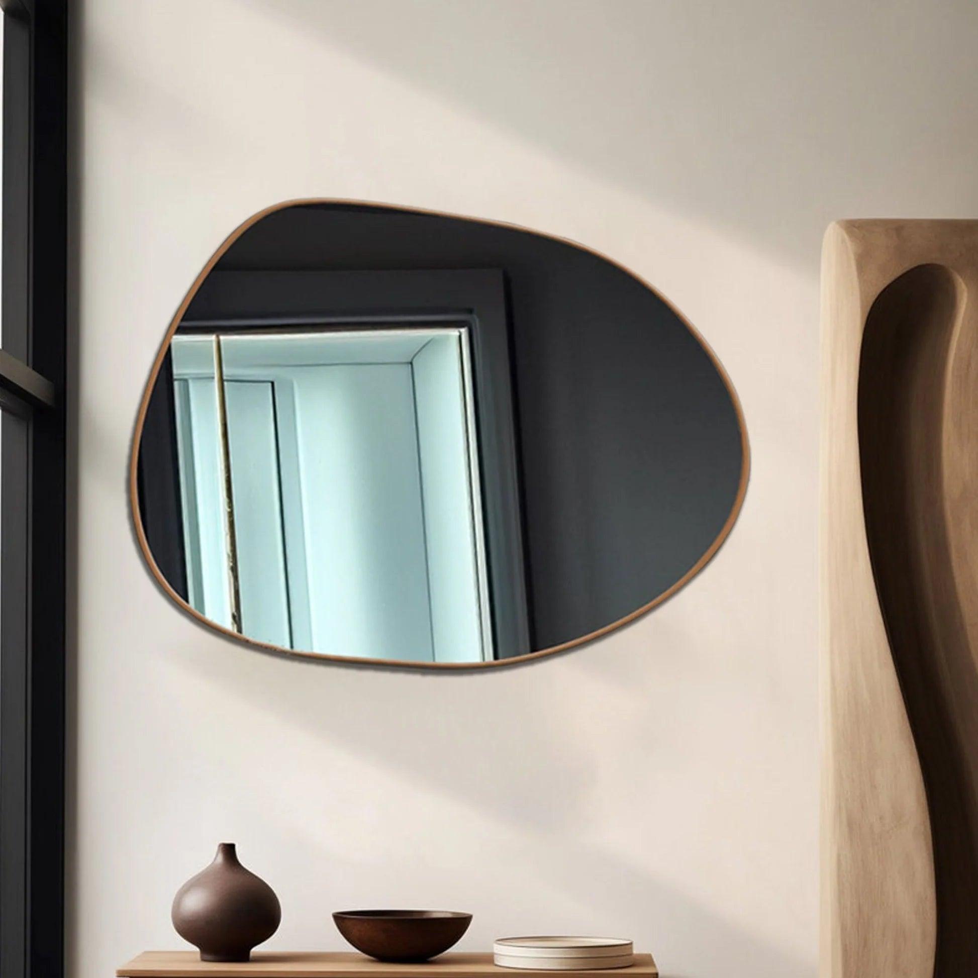 Modern Decorative Asymmetrical Bathroom Mirror with Golden Wooden Finish - Decor Mantra 