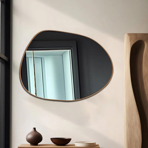 Modern Decorative Asymmetrical Bathroom Mirror with Golden Wooden Finish - Decor Mantra 